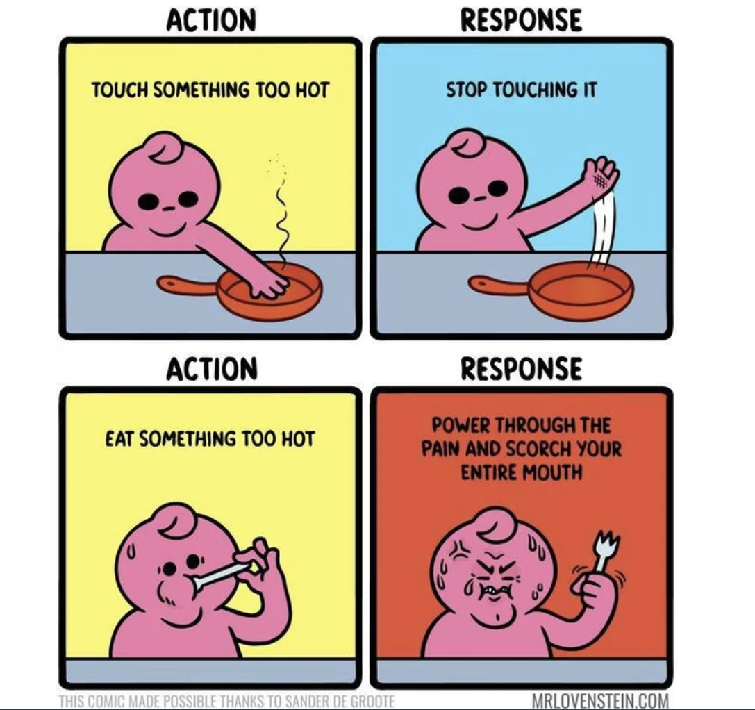 cartoon - Action Response Touch Something Too Hot Stop Touching It Action Eat Something Too Hot Response Power Through The Pain And Scorch Your Entire Mouth This Comic Made Possible Thanks To Sander De Groote Mrlovenstein.Com